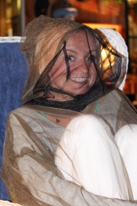 Pola protecting herself from the evil mosquitoes!