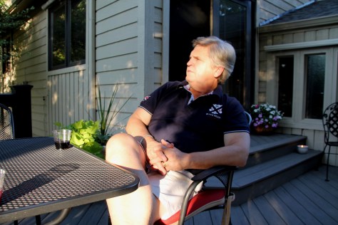 David confirming the quality of the wine and our friends' new deck.